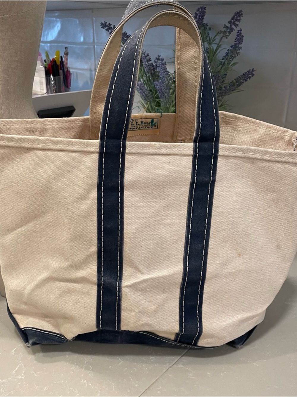 Vintage L.L. Bean Cream Canvas Tote with Blue Stitching